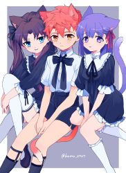 Rule 34 | 1boy, 2girls, absurdres, aged down, alternate costume, animal ears, black bow, black dress, black hair, black ribbon, black shorts, blue eyes, blush, bow, bowtie, buttons, cat ears, cat tail, closed mouth, collared shirt, commentary, dress, emiya shirou, fate/stay night, fate/zero, fate (series), frilled dress, frills, hair between eyes, hair bow, hair ornament, hair ribbon, highres, kamo 0707, long hair, long sleeves, looking at viewer, matou sakura, multiple girls, neck ribbon, orange hair, parted bangs, parted lips, pink ribbon, puffy sleeves, purple eyes, purple hair, ribbon, shirt, short hair, short shorts, short sleeves, shorts, siblings, sisters, sitting, smile, symbol-only commentary, tail, thighhighs, tohsaka rin, twitter username, two side up, white shirt, yellow eyes