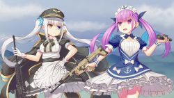 Rule 34 | 1037519921, 2girls, anti-materiel rifle, apron, assault rifle, barrett m82, blue eyes, breasts, brown eyes, cloud, coat, crossover, drill hair, frilled skirt, frills, gun, hair ribbon, hat, heterochromia, highres, hololive, kagura gumi, kagura mea, long hair, low twintails, maid, maid apron, maid headdress, medium breasts, military coat, military hat, minato aqua, minato aqua (1st costume), mountain, multicolored hair, multiple girls, open mouth, pantyhose, purple eyes, purple hair, ribbon, rifle, scope, silver hair, skirt, sky, smile, sniper rifle, standing, trigger discipline, twin drills, twintails, virtual youtuber, weapon, weapon request, white legwear