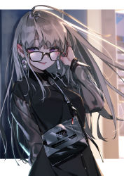 Rule 34 | 1girl, absurdres, ahoge, bag, black-framed eyewear, black dress, blurry, blurry background, blush, breasts, commentary request, depth of field, dress, ear piercing, earrings, eyebrows hidden by hair, glasses, grey hair, hand up, highres, huge filesize, jewelry, long hair, long sleeves, looking at viewer, original, parted lips, piercing, purple eyes, rolua, see-through, see-through sleeves, shoulder bag, small breasts, solo, upper body, very long hair