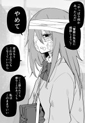 Rule 34 | 1girl, absurdres, abuse, bag, bandage over one eye, bandaged head, bandaged neck, bandages, bandaid, bandaid on cheek, bandaid on face, bow, bruise, bruised eye, check translation, collared shirt, frown, greyscale, highres, injury, kuga tsuniya, long hair, long sleeves, looking at viewer, monochrome, open mouth, original, school bag, school uniform, shirt, solo, speech bubble, sweater, talking, translated, translation request