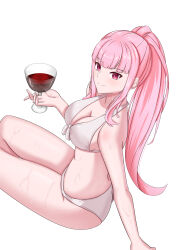 Rule 34 | 1girl, absurdres, alcohol, azurecruiser, bare legs, bikini, blunt bangs, breasts, cleavage, cup, drink, drinking glass, glass, highres, holding, hololive, hololive english, large breasts, long hair, looking at viewer, mori calliope, outstretched arm, pink hair, ponytail, red eyes, sidelocks, simple background, sitting, smile, sweat, swimsuit, turning head, virtual youtuber, wet, white background, white bikini, wine, wine glass
