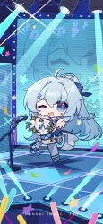 Rule 34 | 1girl, :d, absurdres, ahoge, blue eyes, blue hair, blue headwear, blue theme, bouquet, chibi, chinese commentary, eta, flower, full body, high ponytail, highres, honkai (series), honkai impact 3rd, idol, light blue hair, long hair, looking at viewer, microphone stand, musical note, official art, official wallpaper, one eye closed, open hand, open mouth, ponytail, purple pupils, shigure kira, smile, solo, standing, standing on one leg, star (symbol), white flower