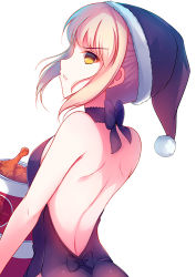 Rule 34 | 1girl, artoria pendragon (all), artoria pendragon (fate), blonde hair, breasts, chicken (food), euforia, fate/stay night, fate (series), fried chicken, from behind, hat, kfc, long hair, saber (fate), saber alter, santa alter, santa hat, sideboob, simple background, small breasts, solo, white background, yellow eyes