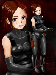 Rule 34 | 1girl, blue eyes, bodysuit, boots, brown hair, capcom, claire redfield, cosplay, dino crisis, elbow gloves, gloves, highres, knife, latex, lipstick, long glove, makeup, open mouth, pink lips, regina, regina (cosplay), resident evil, skin tight, sweat, teeth, tsumazu