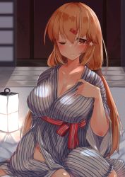 Rule 34 | 1girl, absurdres, bath yukata, breasts, brown hair, cleavage, commentary request, hair ornament, hairclip, highres, japanese clothes, kantai collection, kimono, komb, lamp, large breasts, long hair, looking at viewer, low twintails, one eye closed, red eyes, sitting, sliding doors, smile, solo, star (symbol), striped clothes, striped kimono, tashkent (kancolle), twintails, wooden floor, yokozuwari, yukata