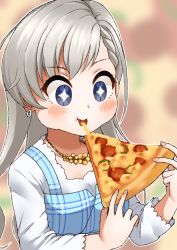 Rule 34 | + +, 1girl, blue dress, blue eyes, blurry, blurry background, blush, braid, braided bangs, cheese trail, commentary request, depth of field, dress, earrings, eating, food, grey hair, hands up, highres, hisakawa hayate, holding, holding food, idolmaster, idolmaster cinderella girls, jewelry, long hair, long sleeves, looking away, pizza, pizza slice, shirt, sleeveless, sleeveless dress, solo, unadon (unadoom), upper body, very long hair, white shirt