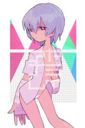 Rule 34 | 1girl, ayanami rei, bad id, bad pixiv id, bandages, blue hair, breasts, neon genesis evangelion, open clothes, open shirt, panties, red eyes, sa kuma, shirt, small breasts, solo, underwear