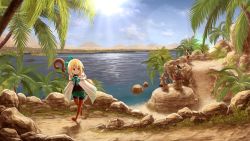 Rule 34 | 1girl, 2boys, backpack, bag, bird, blonde hair, boots, bow, cloak, commentary request, day, distant, fantasy, fishing, fishing rod, hair bow, hat, highres, horizon, lens flare, long hair, multiple boys, original, outdoors, palm tree, pantyhose, river, sasaki (sasaki1de0), scenery, staff, thigh boots, thighhighs, tree, unworn backpack, unworn bag, walking, water, witch hat