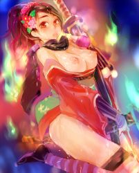 Rule 34 | 1girl, :p, armor, black hair, blush, breasts, breasts out, cum, flower, hair ornament, highres, japanese armor, japanese clothes, kimono, large breasts, momohime, nipples, oboro muramasa, red eyes, short kimono, shoulder armor, sode, solo, striped clothes, striped thighhighs, sword, thighhighs, tongue, tongue out, uniskie saabunrou, weapon