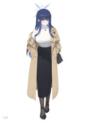 Rule 34 | 1girl, alternate costume, black footwear, black pantyhose, black skirt, blue archive, blue hair, blush, breasts, brown coat, casual, coat, colored inner hair, dark blue hair, full body, halo, hands in pockets, highres, large breasts, long hair, long skirt, looking at viewer, multicolored hair, pantyhose, saori (blue archive), shirt, simple background, skirt, smile, solo, straight hair, tomid, two-tone hair, very long hair, white background, white shirt