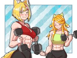Rule 34 | 2girls, abs, animal ears, blonde hair, bob cut, closed mouth, commission, crop top, dumbbell, etie (fire emblem), exercising, fire emblem, fire emblem engage, fire emblem fates, fox ears, fox girl, fox tail, mnejing30, multiple girls, nintendo, selkie (fire emblem), sports bra, tail, weightlifting, yellow eyes