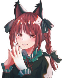 Rule 34 | 1girl, animal ears, black bow, blush, bow, braid, cat ears, cat girl, hair bow, highres, kaenbyou rin, looking at viewer, own hands together, red eyes, red nails, shi ppo no, side braids, simple background, solo, touhou, twin braids, upper body, white background