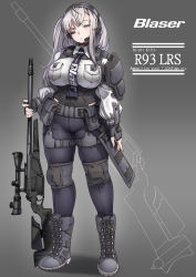 Rule 34 | 1girl, armor, belt, blaser r93, bodysuit, bolt-action rifle, bolt action, boots, breast pocket, breasts, choker, combat boots, combat knife, commentary request, cross-laced footwear, english text, expressionless, fingerless gloves, gloves, gun, headset, heterochromia, highres, holding, holding gun, holding weapon, knee pads, knife, konoshige (ryuun), lace-up boots, large breasts, long hair, long sleeves, looking at viewer, military, military program, necktie, original, personification, pocket, pouch, precision sniper rifle (military program), prototype design, rifle, scope, sheath, sheathed, shoulder armor, side ponytail, sidelocks, silver hair, simple background, sniper rifle, solo, straight-pull rifle, straight pull, tie clip, utility belt, weapon