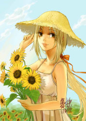 Rule 34 | 1girl, brown eyes, dress, flower, hat, long hair, original, ponytail, solo, sun hat, sundress, sunflower, zishanjiang