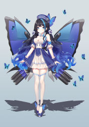 Rule 34 | 1girl, absurdres, bad id, bad pixiv id, bare shoulders, black hair, blue butterfly, blue dress, blue eyes, blue footwear, blue hair, blue hat, blue nails, blue ribbon, blue wings, braid, breasts, bug, butterfly, butterfly-shaped pupils, butterfly hair ornament, butterfly wings, cleavage, closed mouth, commentary request, detached collar, detached sleeves, dreadlocks, dress, full body, gradient background, gradient hair, grey background, hair ornament, hair ribbon, hat, highres, insect, insect wings, long hair, looking at viewer, mechanical wings, multicolored hair, nail polish, original, pleated dress, ribbon, shadow, shiro albino, shoes, short hair, sleeveless, sleeveless dress, solo, standing, strapless, strapless dress, striped clothes, striped thighhighs, symbol-shaped pupils, thighhighs, twintails, very long hair, white dress, white ribbon, white thighhighs, wings, wrist cuffs