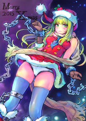 Rule 34 | 10s, 1girl, 2015, blue thighhighs, boots, carina (xiaowoo), chain, gloves, green eyes, green hair, hat, looking at viewer, matching hair/eyes, md5 mismatch, original, panties, resolution mismatch, santa costume, santa hat, scarf, solo, source larger, thighhighs, underwear, white panties