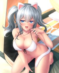 Rule 34 | 10s, 1girl, anal tail, animal ears, ass, bad id, bad pixiv id, bare legs, barefoot, bikini, unworn bikini bottom, bikini top only, blue eyes, blush, bottomless, breasts, butt plug, cat ears, cat tail, cleavage, collarbone, commentary request, fake animal ears, fake tail, front-tie top, highres, indoors, kantai collection, kashima (kancolle), kneeling, large breasts, long hair, naughty face, navel, open mouth, saliva, saliva trail, sex toy, sidelocks, silver hair, smile, solo, swimsuit, tail, tiphereth, tongue, tongue out, tsurime, twintails, wavy hair, white bikini