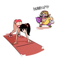 Rule 34 | 1boy, 1girl, 2020 summer olympics, all fours, ashley (warioware), ass, black hair, brown hair, cleft chin, drawfag, facial hair, gloves, liveactors, megaphone, mustache, nintendo, open mouth, shorts, side ponytail, top-down bottom-up, track and field, visor cap, wario, warioware, white background