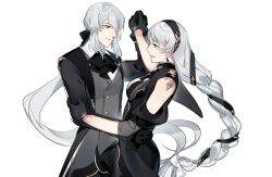 Rule 34 | 1boy, 1girl, angelica (project moon), argalia (project moon), ascot, black ascot, black dress, black gloves, blue eyes, braid, brother and sister, collared shirt, dancing, dress, gloves, grey vest, highres, holding hands, library of ruina, open mouth, project moon, shanhujiao, shirt, siblings, simple background, smile, upper body, vest, white background, white shirt