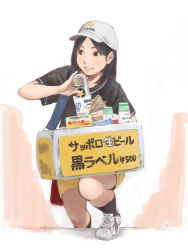 Rule 34 | 1girl, alcohol, baseball cap, beer, beer can, black eyes, black hair, black shirt, black socks, box, can, commentary request, cup, drink can, drinking glass, hat, holding, kneeling, looking away, looking to the side, money, parted lips, shirt, shoes, shorts, smile, socks, solo, tamaru tokihiko, translation request, walking, yellow shorts, yen