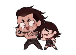 Rule 34 | 1boy, 1girl, beard, belt, biceps, brother and sister, chibi, closed eyes, facial hair, final fantasy, final fantasy xv, flexing, gladiolus amicitia, highres, hood, hoodie, iris amicitia, jewelry, necklace, priscilla (bampshi), scarf, short hair, siblings, skirt, sparkle, tattoo, wristband