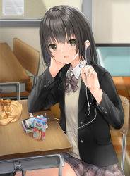Rule 34 | 1girl, :d, bag, black hair, black jacket, blazer, blush, bow, bowtie, breasts, brown bow, brown bowtie, brown eyes, brown skirt, classroom, commentary request, desk, earphones, hand on own cheek, hand on own face, holding, indoors, jacket, juice box, long hair, long sleeves, looking at viewer, miniskirt, on chair, open clothes, open jacket, open mouth, original, plaid, plaid skirt, pleated skirt, pov, school desk, school uniform, sitting, skirt, small breasts, smile, solo, sweater vest, tomura2maru, wing collar