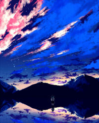 1girl bad_id bad_pixiv_id blue_hair c-button cloud dress female_focus from_behind hinanawi_tenshi mountain reflection short_hair solo sunset touhou water