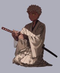 Rule 34 | 1boy, emiya shirou, expressionless, fate/grand order, fate (series), full body, grey background, holding, holding sword, holding weapon, katana, long sleeves, male focus, robe, seiza, senji muramasa (fate), senji muramasa (third ascension) (fate), sheath, sheathed, short hair, simple background, sitting, solo, sunlight, sword, tnaym, toned, toned male, weapon, white hair, white robe, wide sleeves, yellow eyes