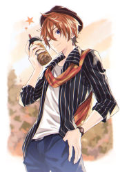 Rule 34 | 1boy, black jacket, blue eyes, bubble tea, denim, earrings, genshin impact, hands in pockets, hands on own hips, hat, highres, jacket, jeans, jewelry, looking at viewer, male focus, mizuamememe, one eye closed, orange hair, orange scarf, pants, ring, scarf, shirt, simple background, sleeves rolled up, smile, solo, solo focus, standing, star (symbol), tartaglia (genshin impact), watch, white shirt, wink, wristwatch