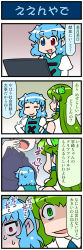 Rule 34 | 2girls, 4koma, ^^^, artist self-insert, breasts, closed eyes, comic, commentary request, computer, crazy eyes, detached sleeves, fang, frog hair ornament, gradient background, green eyes, green hair, hair ornament, hair tubes, hand on own hip, hand to own mouth, highres, juliet sleeves, kochiya sanae, laptop, large breasts, long hair, long sleeves, mizuki hitoshi, multiple girls, nontraditional miko, open mouth, puffy sleeves, shaded face, short hair, smile, snake hair ornament, sweatdrop, tatara kogasa, touhou, translation request, turn pale, vest, wide-eyed