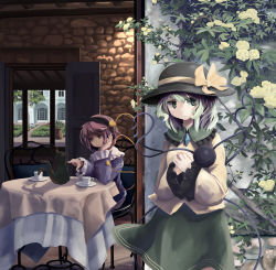 Rule 34 | 2girls, black hat, blouse, blue shirt, bow, brooch, building, cat, chair, collar, cup, elbow rest, eyeball, flower, frilled collar, frilled shirt collar, frilled sleeves, frills, green eyes, green hair, green skirt, hairband, hand on own cheek, hand on own face, hat, hat bow, hat ribbon, heart, heart of string, jewelry, kaenbyou rin, kaenbyou rin (cat), komeiji koishi, komeiji satori, light frown, long sleeves, looking away, looking to the side, multiple girls, multiple tails, open door, outdoors, own hands together, pink hair, pink skirt, plant, purple eyes, ribbon, rose, rose bush, saucer, shirt, short hair, sitting, skirt, smile, stone wall, string, sun hat, table, tablecloth, tail, tbonjobi (sukemasa), teacup, third eye, touhou, two tails, upper body, wall, wide sleeves, yellow flower, yellow ribbon, yellow rose, yellow shirt