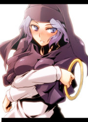 Rule 34 | 1girl, artist request, blue eyes, blue hair, breasts, dress, female focus, hood, impossible clothes, impossible shirt, jewelry, kumoi ichirin, matching hair/eyes, ring, shirt, solo, touhou, tsukinami, tsukinami kousuke, white background