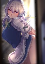 Rule 34 | 1girl, apron, arms up, back bow, blue dress, blue eyes, blush, bow, braid, breasts, collar, collared shirt, darumoon, dress, eyes visible through hair, frills, green bow, grey hair, hair between eyes, hair bow, hands up, highres, izayoi sakuya, large breasts, light, looking to the side, maid, maid headdress, no panties, open mouth, puffy short sleeves, puffy sleeves, sex, shadow, shirt, short hair, short sleeves, solo, standing, stealth sex, sunlight, touhou, twin braids, wall, white apron, white bow, white shirt, white sleeves, window