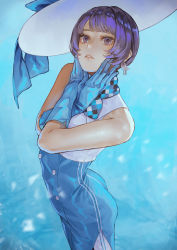 Rule 34 | 1girl, ass, bare shoulders, blue gloves, bob cut, dress, earrings, gloves, hat, highres, jewelry, kaoming, looking at viewer, parted lips, purple eyes, purple hair, short hair, sleeveless, solo, sun hat, suntory, suntory nomu, virtual youtuber
