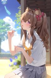 Rule 34 | 1girl, absurdres, animal ear fluff, animal ears, blurry, blurry background, blush, bow, brown hair, collared shirt, day, extra ears, food, grey skirt, hair between eyes, hair bow, highres, holding, holding food, long hair, looking at viewer, neckerchief, nyum, open mouth, original, pleated skirt, ponytail, popsicle, purple eyes, red bow, shirt, short sleeves, sidelocks, sideways glance, sitting, skirt, solo, white shirt, yellow neckerchief