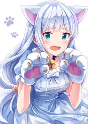 Rule 34 | 1girl, animal ears, animal hands, bell, blue eyes, blush, breasts, cat ears, cat paws, collar, commentary request, dress, idolmaster, idolmaster million live!, idolmaster million live! theater days, ima (lm ew), kemonomimi mode, long hair, looking at viewer, medium breasts, neck bell, open mouth, shiraishi tsumugi, silver hair, solo, white background