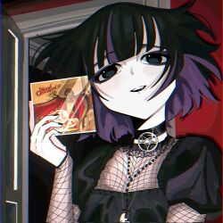 Rule 34 | 1girl, album cover, black lips, bocchi the rock!, cd case, choker, cover, cross, cross necklace, fishnets, goth fashion, green eyes, highres, irreligiositat, jewelry, multicolored hair, necklace, pa-san, pale skin, pentagram, short hair, upper body