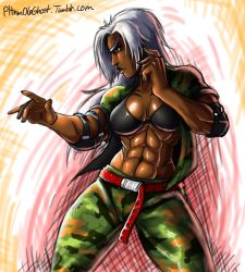 Rule 34 | 1girl, abs, belt, black bra, bra, breasts, camouflage, cleavage, dark-skinned female, dark skin, elbow pads, eyebrows, fighting stance, large breasts, lips, long hair, midriff, muscular, muscular female, navel, nose, open clothes, open shirt, pltnm ghost, shiny skin, shirt, silver hair, sleeves rolled up, solo, thick thighs, thighs, underwear, vanessa lewis, very dark skin, virtua fighter