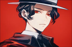 Rule 34 | 1boy, annoyed, black hair, black necktie, closed mouth, formal, frown, hair behind ear, hat, highres, kibutsuji muzan, kimetsu no yaiba, looking at viewer, male focus, necktie, parted bangs, portrait, red background, red eyes, short hair, simple background, slit pupils, solo, suit, white hat, yamada chickenko
