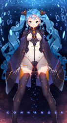 Rule 34 | 1girl, black thighhighs, blue eyes, blue hair, blush, bodysuit, breasts, cape, english text, fangxiang cuoluan, gloves, glowing, hair ornament, hexagon, highres, hip focus, leotard, light particles, light smile, long hair, looking at viewer, matching hair/eyes, mecha musume, miniskirt, original, pencil skirt, see-through, short eyebrows, skirt, small breasts, smile, solo, thighhighs, twintails, very long hair, wavy hair