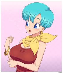 Rule 34 | 1girl, absurdres, bare arms, bare shoulders, blue hair, bracelet, breasts, bulma, cigarette, closed eyes, dragon ball, dragonball z, dress, earrings, hand in own hair, happy, highres, jewelry, kerchief, mature female, pink background, red dress, short hair, simmsy, simple background, smile, solo focus