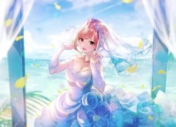 Rule 34 | 1girl, :d, arisugawa natsuha, bare shoulders, blush, breasts, bridal veil, bride, brown eyes, cleavage, collarbone, cowboy shot, day, detached sleeves, dress, flower, hair ornament, hair up, hands up, idolmaster, idolmaster shiny colors, jewelry, large breasts, light particles, long hair, looking at viewer, magako, necklace, off-shoulder dress, off shoulder, open mouth, outdoors, red hair, smile, solo, veil, wedding dress, white dress, wind