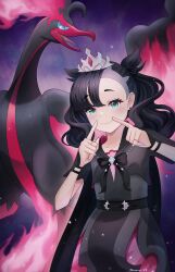 Rule 34 | 1girl, asymmetrical bangs, belt, black belt, black dress, black hair, closed mouth, collarbone, commentary, creatures (company), doiparuni, dress, earrings, eyelashes, fingersmile, fire, galarian form, galarian moltres, game freak, gen 8 pokemon, green eyes, hands up, highres, jewelry, legendary pokemon, marnie (champion) (pokemon), marnie (pokemon), nintendo, official alternate costume, pink fire, pokemon, pokemon (creature), pokemon masters ex, ring, short sleeves, smile, tiara, twintails
