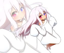 Rule 34 | 1girl, absurdres, ahoge, barefoot, blue eyes, blush, collarbone, commentary request, hair between eyes, heterochromia, highres, idaten93, long hair, long sleeves, looking at viewer, looking to the side, off shoulder, original, oversized clothes, parted lips, purple eyes, ruua (idaten93), shirt, silver hair, simple background, sleeves past fingers, sleeves past wrists, solo, very long hair, white background, white shirt, zoom layer