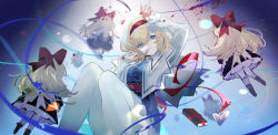 Rule 34 | 1girl, alice margatroid, blonde hair, blood, blue dress, blue eyes, capelet, commentary, cuts, doll, dress, feet out of frame, finger to mouth, frilled sleeves, frills, grimoire of alice, hairband, hands up, highres, injury, long sleeves, looking at viewer, medium hair, pantyhose, red hairband, red ribbon, ribbon, satonishi, shirt, solo, string, touhou, white capelet, white pantyhose, white shirt