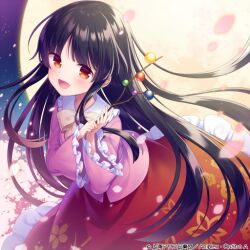 Rule 34 | 1girl, album cover, amane kurumi, black hair, blunt bangs, bow, bowtie, branch, brown eyes, check commentary, cherry blossoms, collared shirt, commentary, commentary request, cover, floral print, full moon, hime cut, holding, houraisan kaguya, japanese clothes, jeweled branch of hourai, leaning forward, long hair, long skirt, long sleeves, moon, night, official art, petals, pink shirt, red skirt, shirt, skirt, smile, touhou, touhou cannonball, very long hair, wide sleeves, yellow bow, yellow bowtie