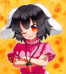 Rule 34 | bad id, bad pixiv id, carrot necklace, hair between eyes, inaba tewi, jewelry, necklace, qqqrinkappp, rabbit tail, shikishi, simple background, solo, tagme, touhou, traditional media, yellow background