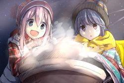 Rule 34 | 2girls, :o, blue eyes, blue hair, chestnut mouth, commentary request, cooking, drooling, harukoma (rebahopi), hat, highres, kagamihara nadeshiko, long sleeves, multiple girls, open mouth, pink hair, purple eyes, scarf, shima rin, sky, smile, star (sky), starry sky, steam, yurucamp