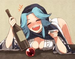 Rule 34 | +++, 1girl, :d, bad id, bad twitter id, bent over, blue hair, blush, bottle, breast rest, breasts, choko (cup), cleavage, cup, drunk, closed eyes, full-face blush, hood, kumoi ichirin, long sleeves, medium breasts, no pants, open mouth, panties, sake bottle, shirt, short hair, smile, solo, touhou, underwear, urin, white panties, wide sleeves