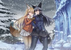 Rule 34 | 2girls, animal ears, arm hug, black gloves, black pantyhose, black skirt, blue jacket, breast pocket, breasts, brown gloves, commentary, commentary request, extra ears, ezo red fox (kemono friends), forest, fox ears, fox tail, fur-trimmed sleeves, fur trim, gloves, gradient legwear, grey hair, highres, holding, holding own arm, jacket, kemono friends, long hair, looking at another, looking back, looking to the side, medium breasts, multiple girls, nature, open mouth, orange jacket, outdoors, pantyhose, pocket, riro (breakthrough rr), silver fox (kemono friends), skirt, snow, snowing, tail, white legwear, white neckwear, white skirt